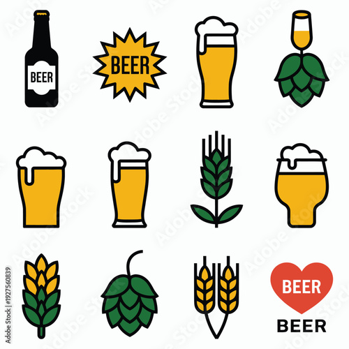 Beer colorful vector icon collection including bottle, pint glass, lager mug, brewery symbols, alcohol drink elements
