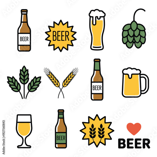 Beer colorful vector icons set featuring bottle, glass, pint, brewery elements, alcoholic beverage symbols