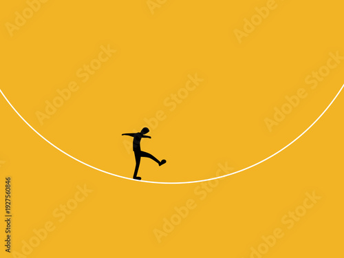 businessman carefully balanced himself on a thin tightrope