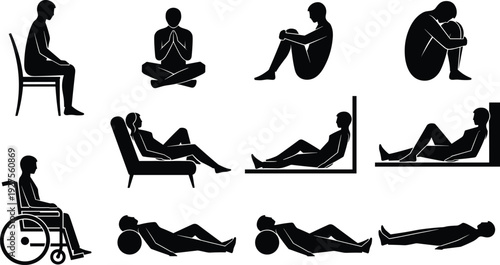 Black silhouette icons of people in various sitting and lying positions, including wheelchair user, meditation, relaxing on sofa, and resting.