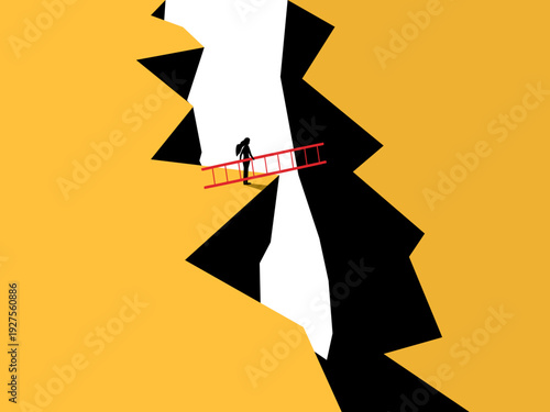 businesswoman used a ladder to cross a dangerous cliff gap