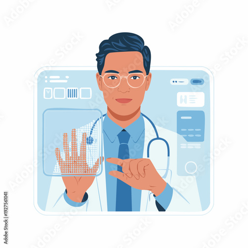 Male Doctor Using Virtual Reality Interface for Futuristic Medical Diagnosis