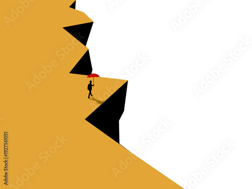 businesswoman with an umbrella walks towards the cliff