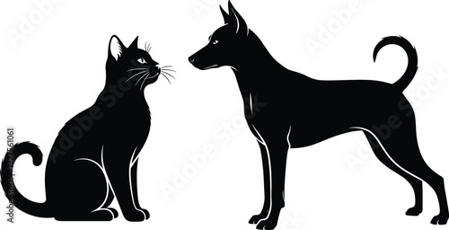 Black silhouette of a sitting cat and a standing dog facing each other, minimalist domestic pet animal vector icon isolated on white.