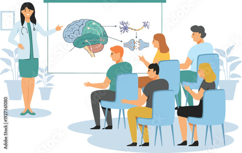 Medical professional teaching students about the human brain vector illustration.
