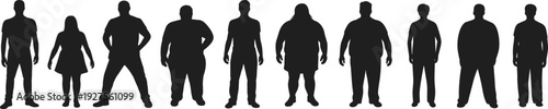 Diverse body types silhouettes collection, men and women different shapes black vector illustration isolated on white background