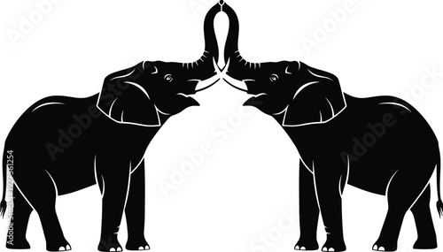 Black silhouette of two majestic african elephants facing each other with raised trunks forming a symmetrical heart shape, wildlife animal vector icon.