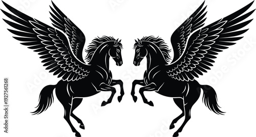 Black silhouette of two majestic Pegasus mythical winged horses facing each other, rearing up with open wings, ancient greek mythology vector.