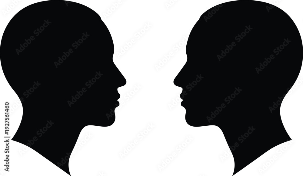 Fototapeta premium Black silhouette profile of two human heads facing each other, minimalist bald male and female head icons for psychology, communication, or medical concepts.