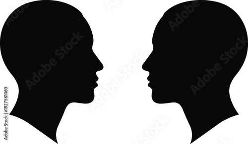 Black silhouette profile of two human heads facing each other, minimalist bald male and female head icons for psychology, communication, or medical concepts.
