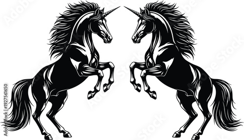 Majestic silhouette of two rearing unicorns with flowing manes and sharp horns for fantasy myth design, fairytale art and magic.