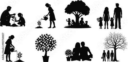 Black silhouette set of families gardening and planting trees together, people watering plants, sitting under trees, and enjoying outdoor nature activities.