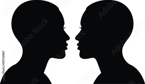 Minimalist black silhouette profile of two bald human heads facing each other, conceptual vector icon for communication, psychology, and mind.