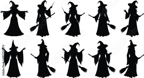 Set of black witch silhouettes in various poses with magic wands and broomsticks for Halloween party design and spooky decorations.