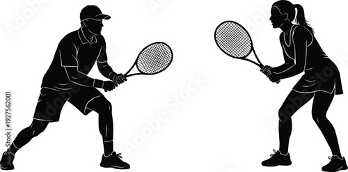 Silhouette of a male and female tennis player in action stance with rackets ready for a match on white background