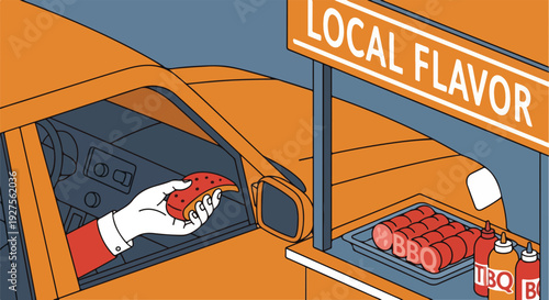 Hand in car window receiving BBQ food from a local flavor stand, drive-thru experience