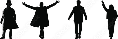 Elegant men in coat and hat silhouettes set, stylish gentleman poses black vector illustration isolated on white background