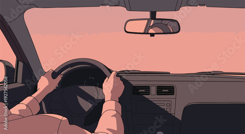 Hands on the steering wheel of a car driving on a road during sunset, view from inside the vehicle