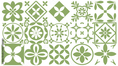 Intricate green floral and geometric tile patterns arranged in a decorative layout