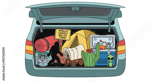Packed car trunk for a road trip adventure with camping gear, Bigfoot, alien, and cactus