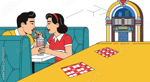 Young couple sharing a milkshake at a retro diner with a jukebox in the background, 1950s style