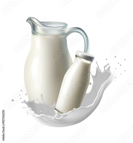 A glass pitcher and bottle of milk with a splash of creamy liquid on a white background