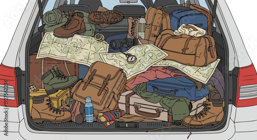 Packed car trunk full of luggage, maps, and hiking gear for an outdoor adventure or vacation trip.