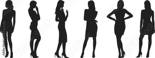 Elegant women silhouette collection in stylish dresses and high heels, fashion model poses isolated on white background illustration set