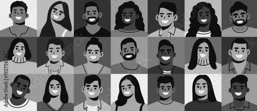 Black and white flat vector illustration of diverse smiling people arranged in a square grid. ideal for social media, user profiles, websites, apps, marketing materials, posters, and branding focused 