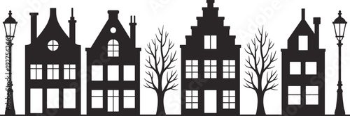 European old town houses silhouettes with street lamps and trees, vintage city skyline black vector illustration isolated on white background