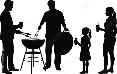 Family barbecue silhouettes, parents and child grilling food with drinks at backyard cookout isolated on white background illustration