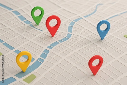 City map with GPS markers in different colors.