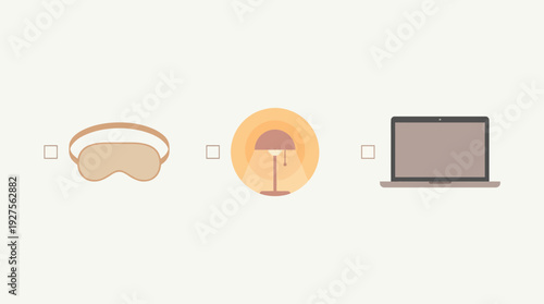 Minimalist vector illustration of a sleeping mask, desk lamp, and laptop on a clean background