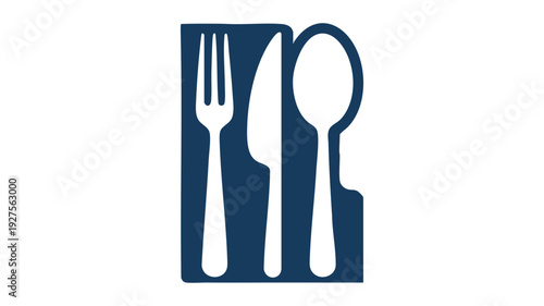 Elegant graphic icons of a fork, knife, and spoon aligned together.