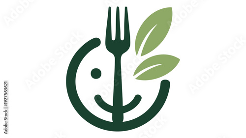 Happy face with fork and leaf symbolizing healthy and joyful eating habits