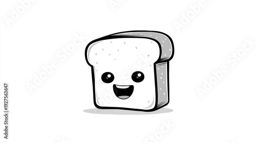 Cute Toast Character with Smiling Face Black Line Art Illustration Isolated on White Background Kids Friendly Food Design