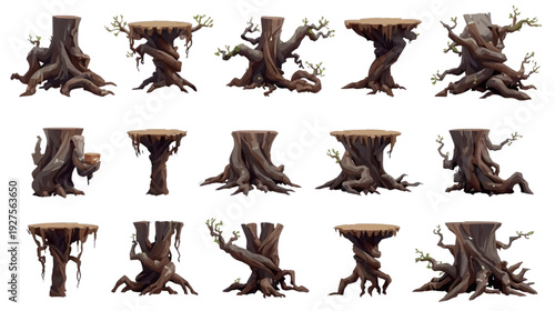 Tree Stumps with Roots and Green Foliage as Stylized Game Assets