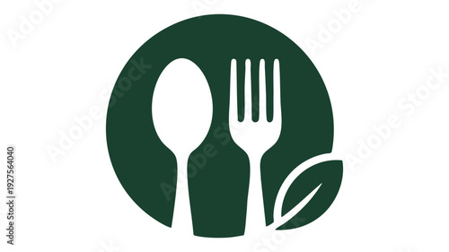 Icon depicting sustainable dining with utensils and a leaf inside a circular frame