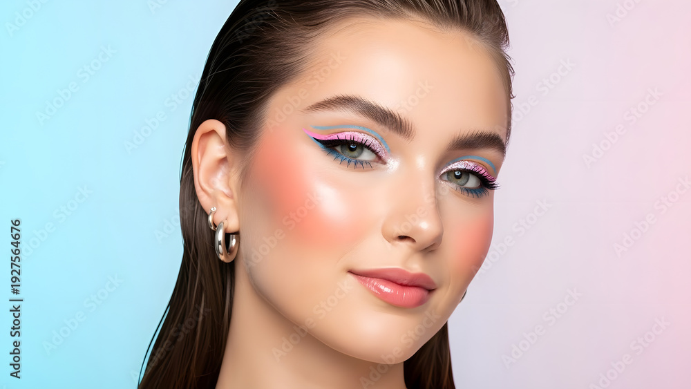 Fototapeta premium Vibrant Fashion Beauty Portrait with Pastel Multi-Colored Graphic Eyeliner and Slick Back Wet Hair Look. Model with Glossy Skin and Pink Lipstick against a Blue and Pink Gradient Background.