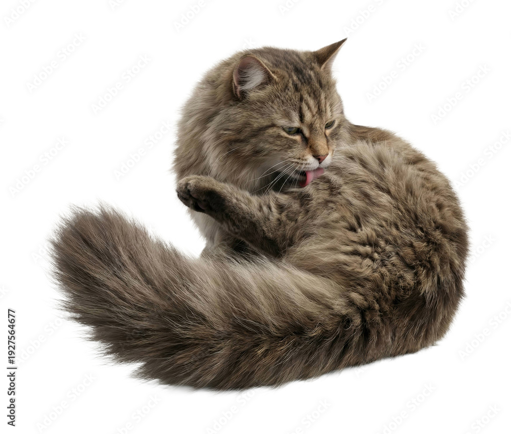 Fototapeta premium Playful cat grooming itself indoors relaxed cute isolated on transparent background