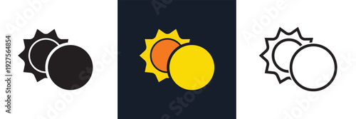 Sun and Moon Icon Variations Set. Three stylized sun and crescent moon icons in different color themes, representing day and night concept in modern flat design.