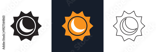 Sun and Moon Icon Variations Set. Three stylized sun and crescent moon icons in different color themes, representing day and night concept in modern flat design.