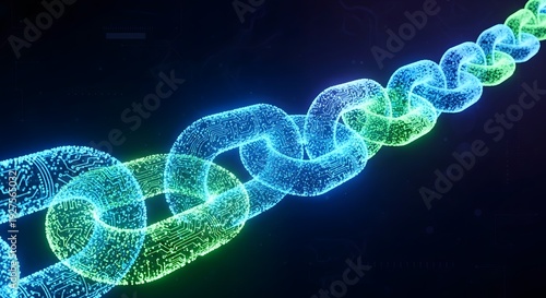 Glowing blue and green chain link structure on dark background