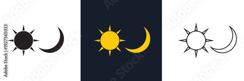 Sun and Moon Icon Variations Set. Three stylized sun and crescent moon icons in different color themes, representing day and night concept in modern flat design.