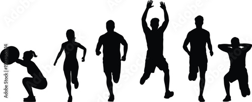 Fitness workout silhouette set with men and women performing cardio and strength exercises, athletic training collection isolated on white background