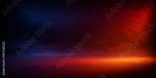 A beautiful abstract sunset sky featuring a vibrant texture of red and yellow clouds with orange sunlight glowing through a dark stormy cloudscape at evening