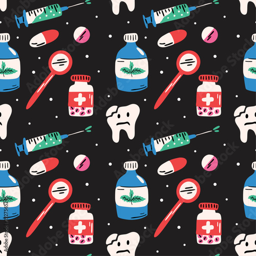 Dental themed vector seamless pattern with cute funky cartoon illustration of dentist tools, toothache, tooth extraction, medical background, kids dentistry clinic