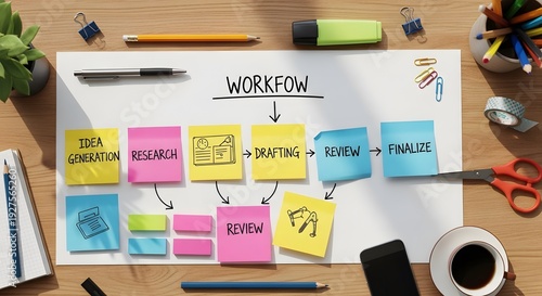 Workflow diagram on white paper with sticky notes and office supplies on wooden desk isolated on white background