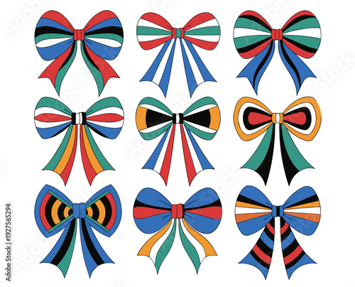 Flat Vector Colorful Retro Bows and Ribbon Elements Set