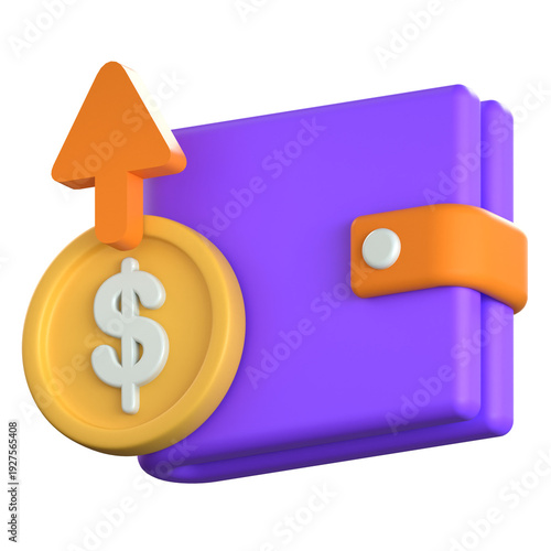 A 3D illustration of a purple wallet with a gold coin and an upward pointing orange arrow representing spending or outgoing financial expenses